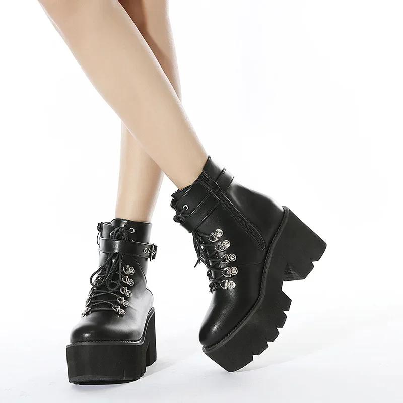 Fashion Platform Chunky Heels Autumn Fashion Cool Gothic Cosplay Boots Women Street Black Ankle Boots Shoes Buckle Strap Size 43