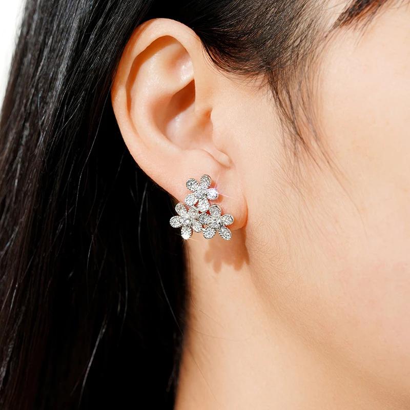 Huitan Beautiful Flowers Stud Earrings with Shiny Cubic Zirconia Graceful Exquisite Sweet Accessories Trendy Wedding Jewelry