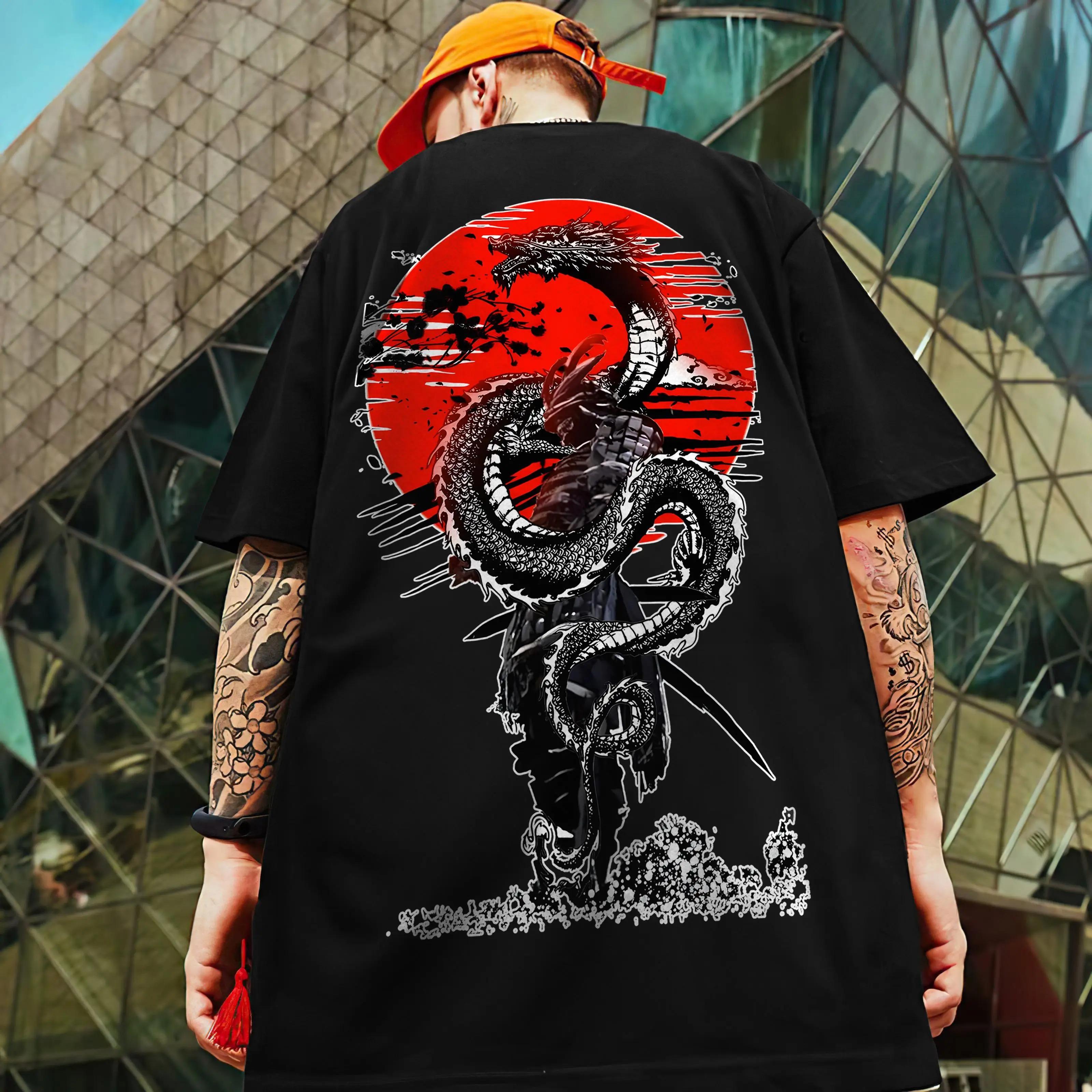 

Retro Cotton T-Shirts for Men Japanese Samurai Sword Print Male Clothing Street Short Sleeved Tees Loose Oversized T-Shirt S