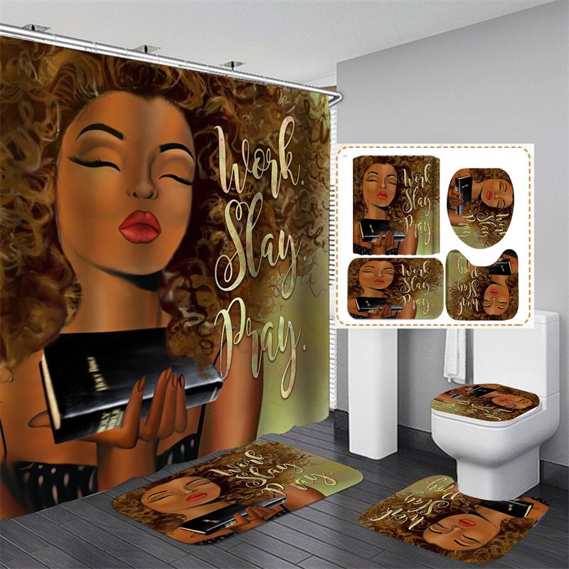 Afroamericano Afro Sexy Chica Negra Mujeres Arte Diseño Arte Graffiti Juego de Cortinas de Ducha para Baño Alfombrillas Alfombras Tapa de Inodoro Poliéster con Ganchos
