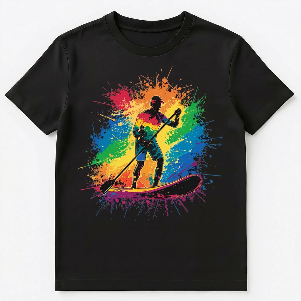 Buntes Farbspritzer Paddleboarder Kunst Grafik Unisex T-Shirt