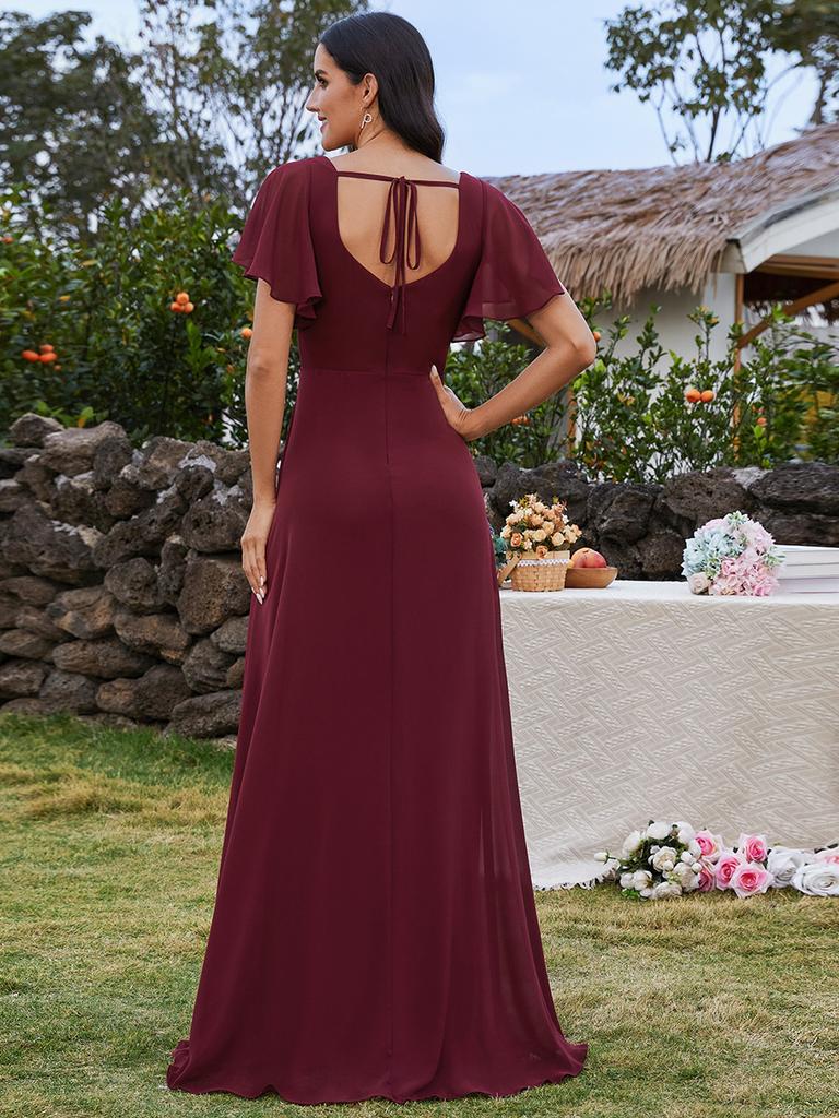 Ever-Pretty Women's U-Neck Backless Frenulum Knotting Short Sleeves High Slit A-Line Bridesmaid Dress Chiffon Evening Dresses