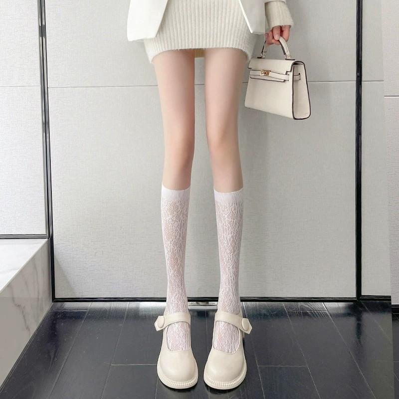 Japanese Lace Stockings Children Thin Mid-Calf Length SocksinsTrendy Hollow Heart Jacquard White Calf Socks Mesh Stockings Stude