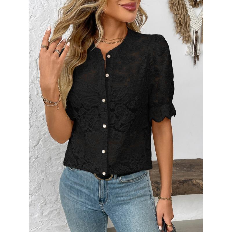 Fashion Lace Shirt Women Spring Summer Short Sleeve See Through Casual Blouse Ladies Button Sweet Tops O Neck Elegant Loose Casual Clothing