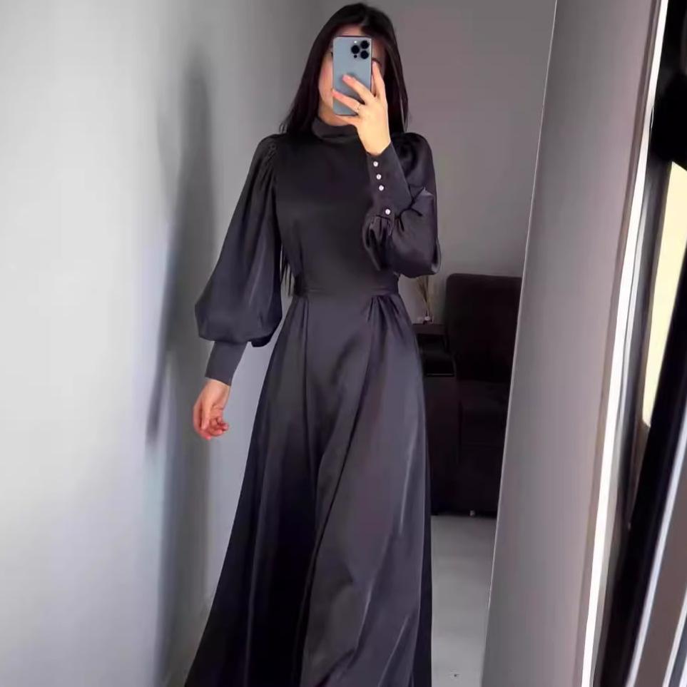 

2025 осень и зима новое однотонное платье с длинным рукавом и тонким поясом в стиле ретро элегантное платье XL чёрный