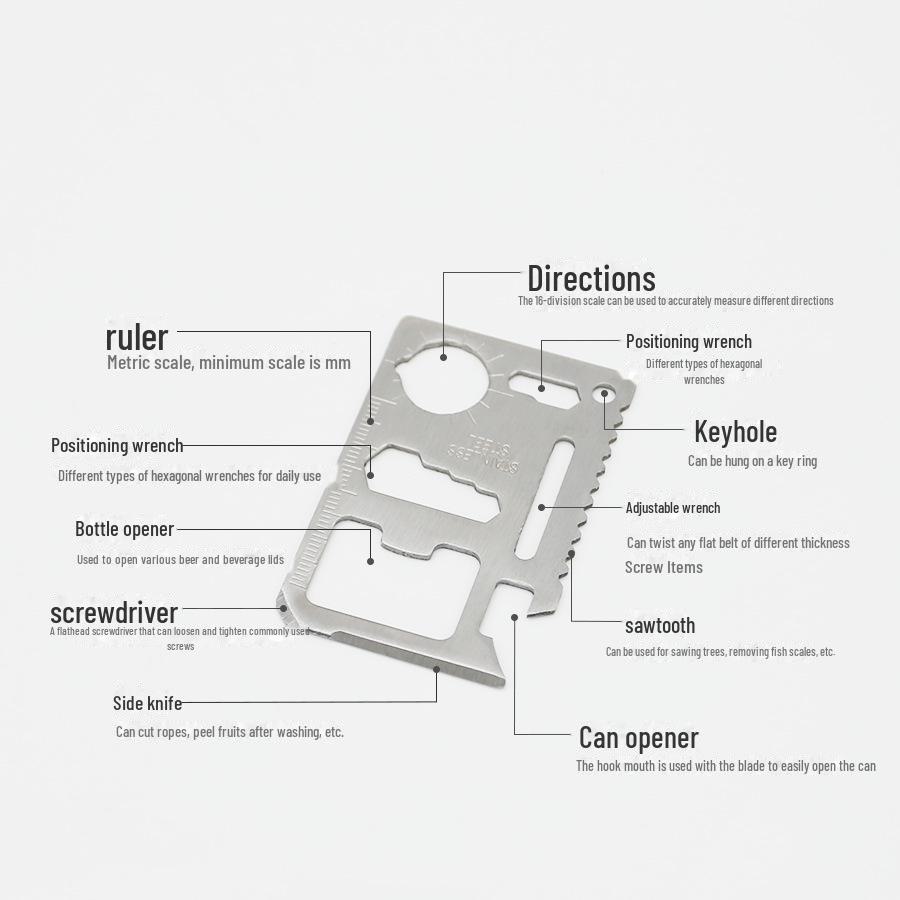 11-in-1 Multifunctional Outdoor Camping Tool Card: Swiss Army Knife Card & Life-Saving Tool