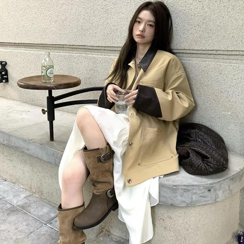 Color Matching Pleated Stacking Boots Women's Autumn and Winter New Long Tube Maillard High Boots Big Tube Circumference Western Cowboy Knight Boots