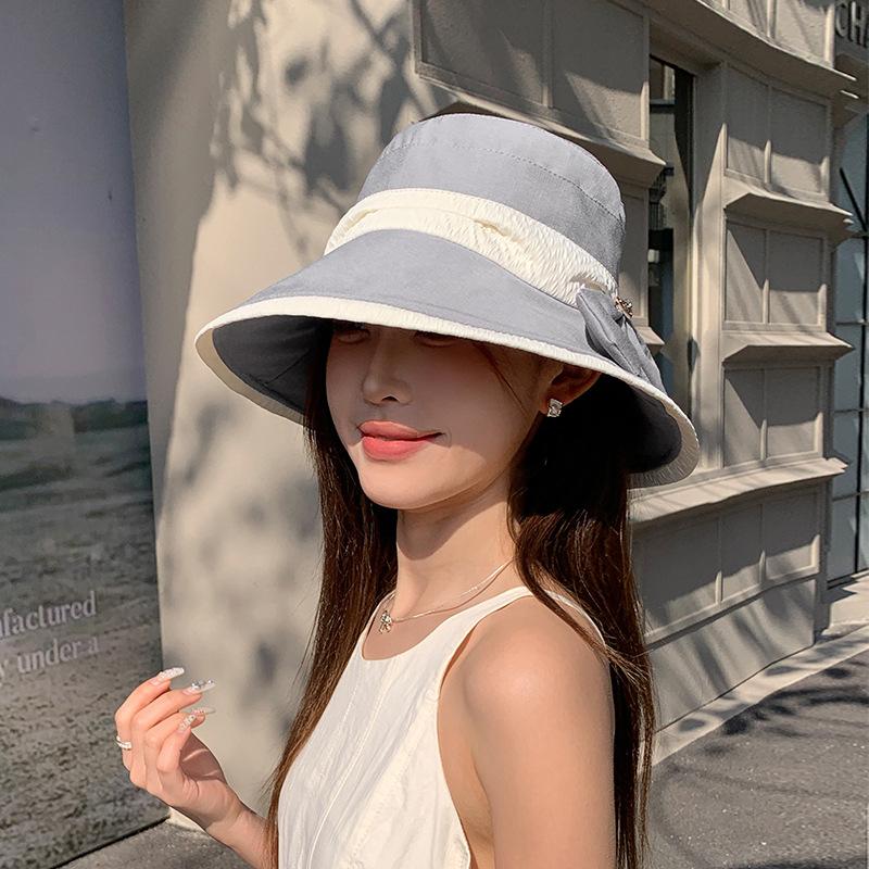 Summer face covering sun protection hat children two-color bow big brim bucket hat premium outdoor sun hat