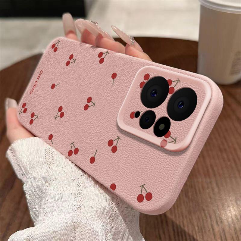 Little Cherry Print TPU Matte Leather Texture Slim Case For Xiaomi 13T Pro Poco X6 Redmi Note 14 Pro 13 12 11 Soft Shockproof Protection Phone Cover