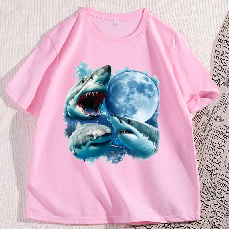 Sharks and Moon Vintage Graphic Tshirts Casual Shark Tshirt Shark Ocean Lovers Tees Funny Graphic Tee Cotton Short Sleeve Tops