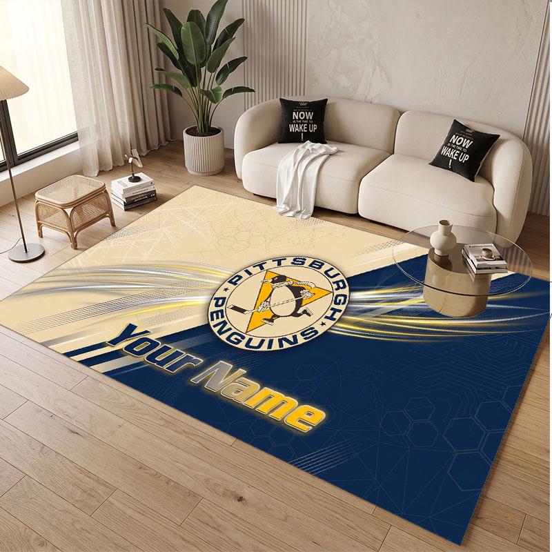 Custom Rug Pittsburgh Penguins Pattern Print Name Text Soft Non‑Slip Floor Carpet for Home Indoor Decoration