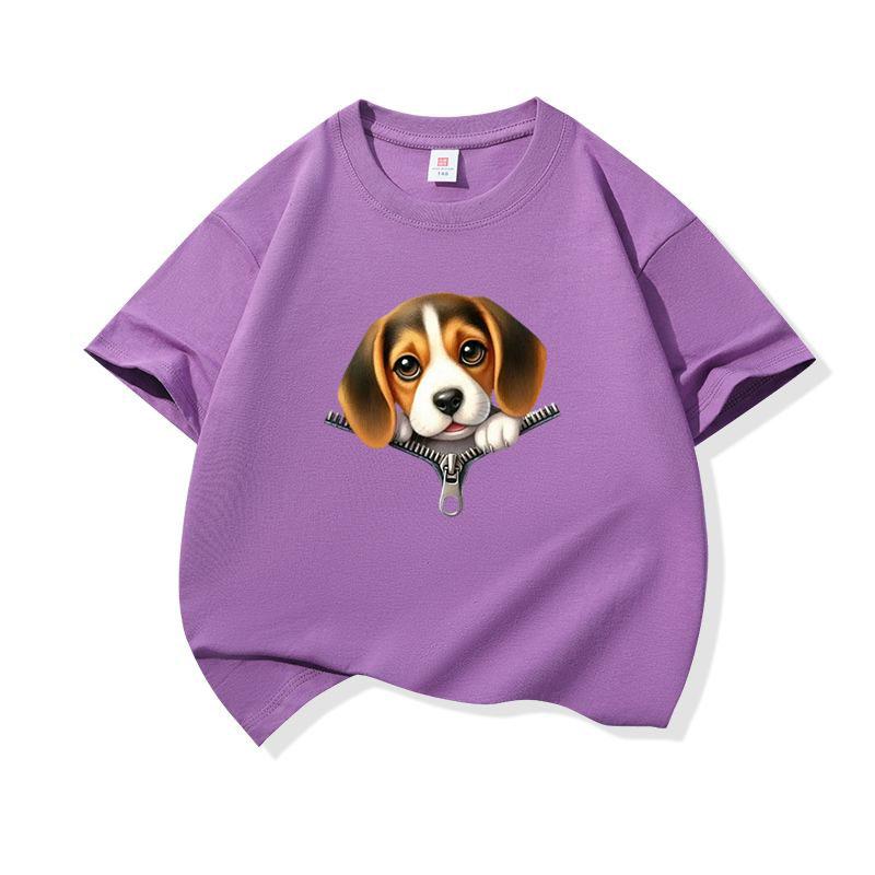 Kids Cotton T Shirt Cute Beagle Puppy Dog Zipper Print Crew Neck Short Sleeve Tee Casual Breathable Boys Girls Summer Tops
