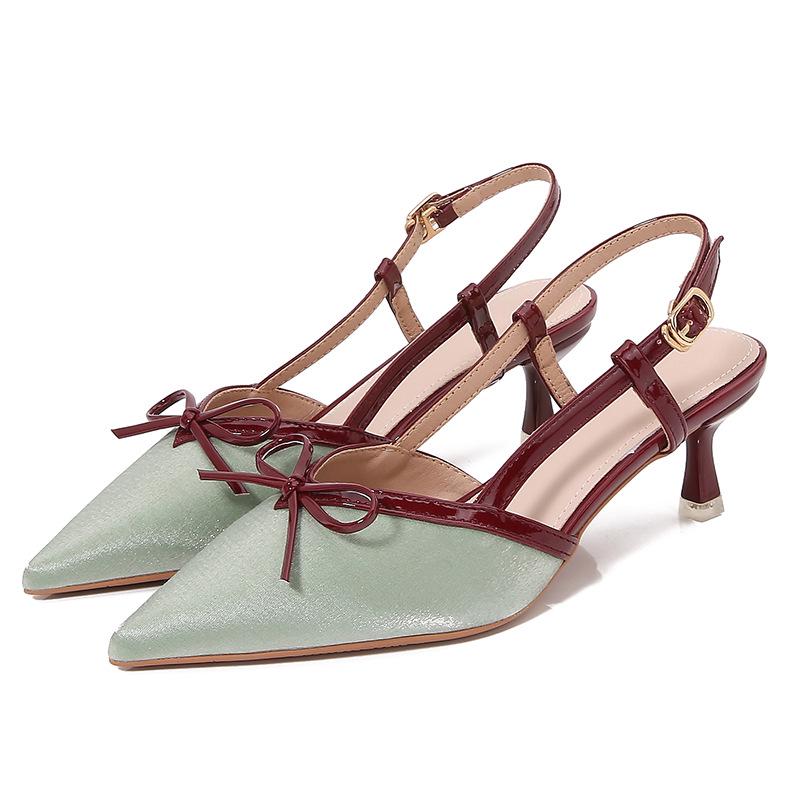 Fuxing - Tacones altos de aguja con punta francesa y lazo para mujer: elegantes sandalias de punta cerrada para el verano