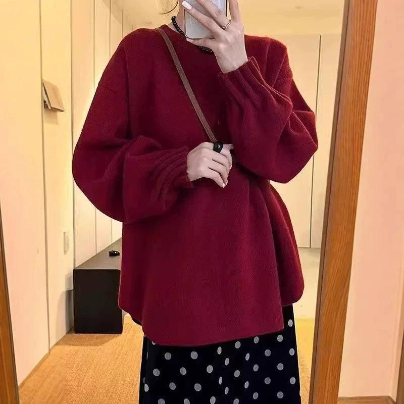 Crew neck retro cuff pleated knitted sweater women's autumn and winter new versatile loose soft waxy solid color pullover sweater