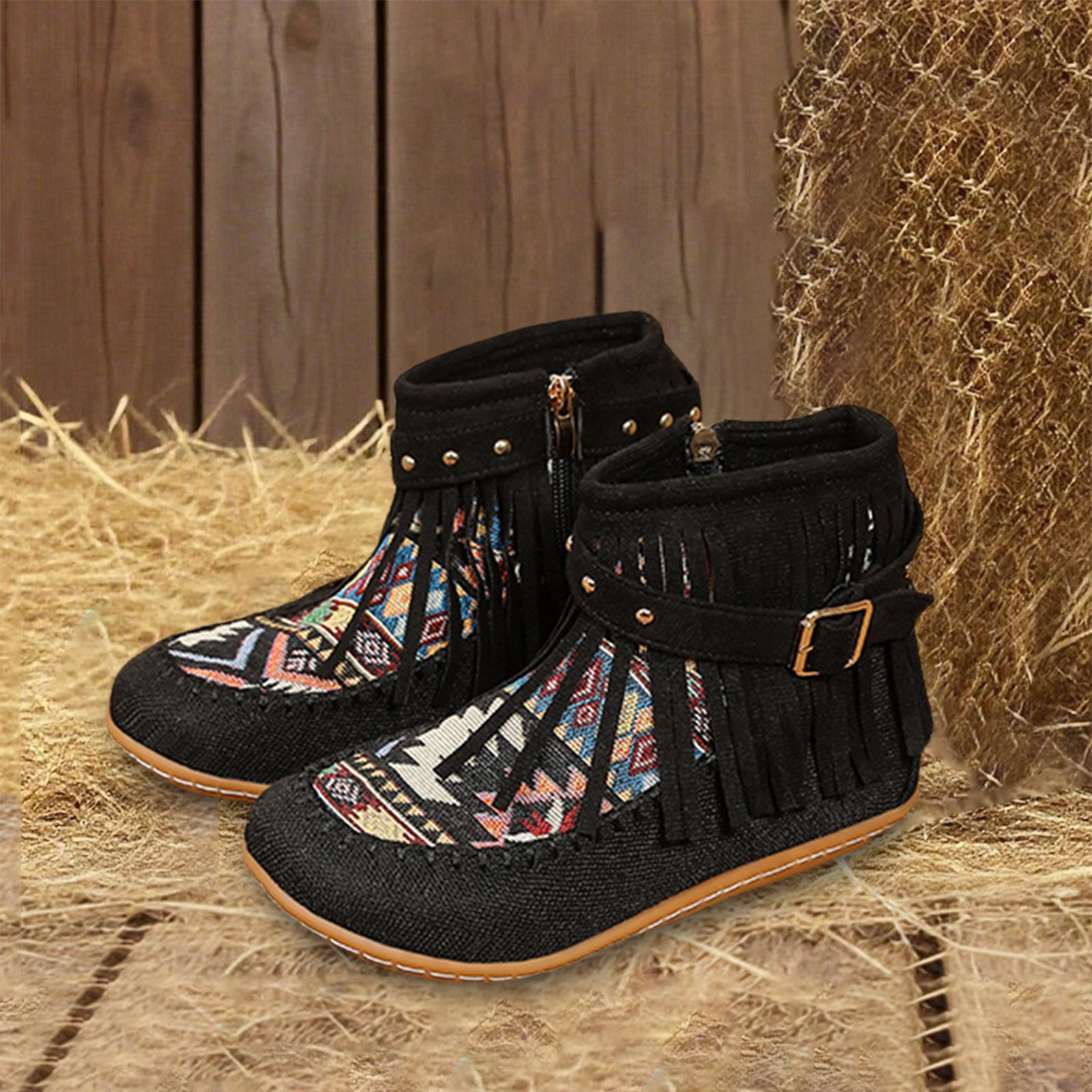 Женская богемная обувь с кисточками, хлопково-льняная, холщовая, винтажный этнический стиль, заклепки, плетеная, с круглым носком, ботильоны, женские лоферы, размер 36