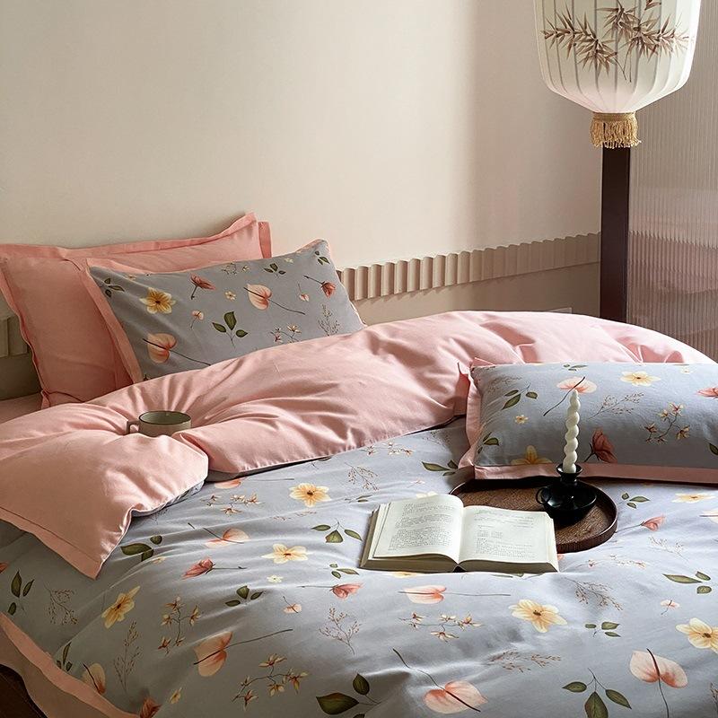 

Pastoral Small Floral Clear Cotton Polished Four-Piece Set, Thickened Warm Pure Cotton Quilt Cover, Bed Sheet, Bed Hat 1.8m 4pc (quilt cover 200 * 230cm)