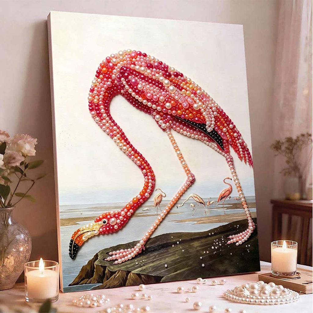 DIY Framed Pearl Painting Kit with Elegant Flamingo Pattern 5D Sparkling Bead Art Canvas Ready to Display Home Decor Modern Craft Gift Idea
