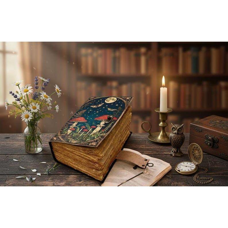 Mushroom Leather Grimoire Journal: Handmade Antique Deckle Edge Book