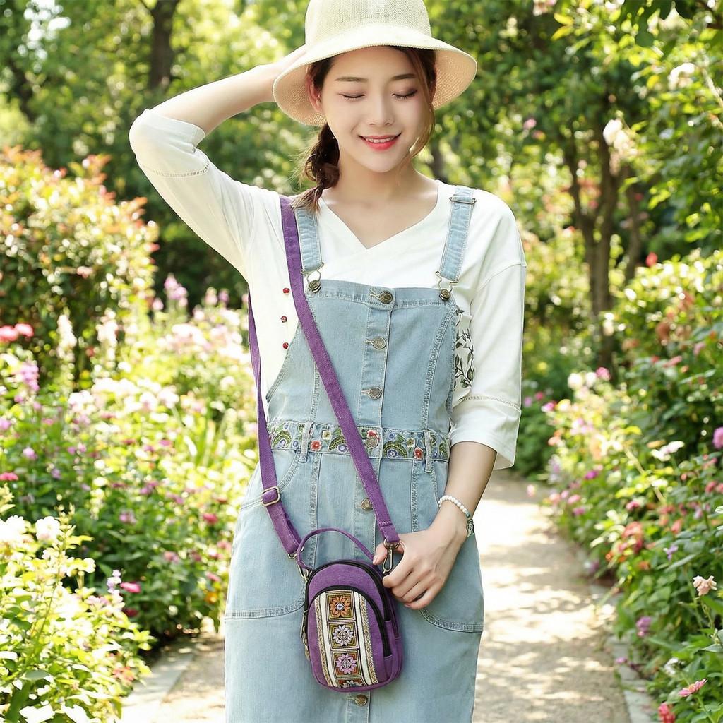 Ethnic Style Embroidered Canvas Bag With Zipper Pockets For Daily Use
