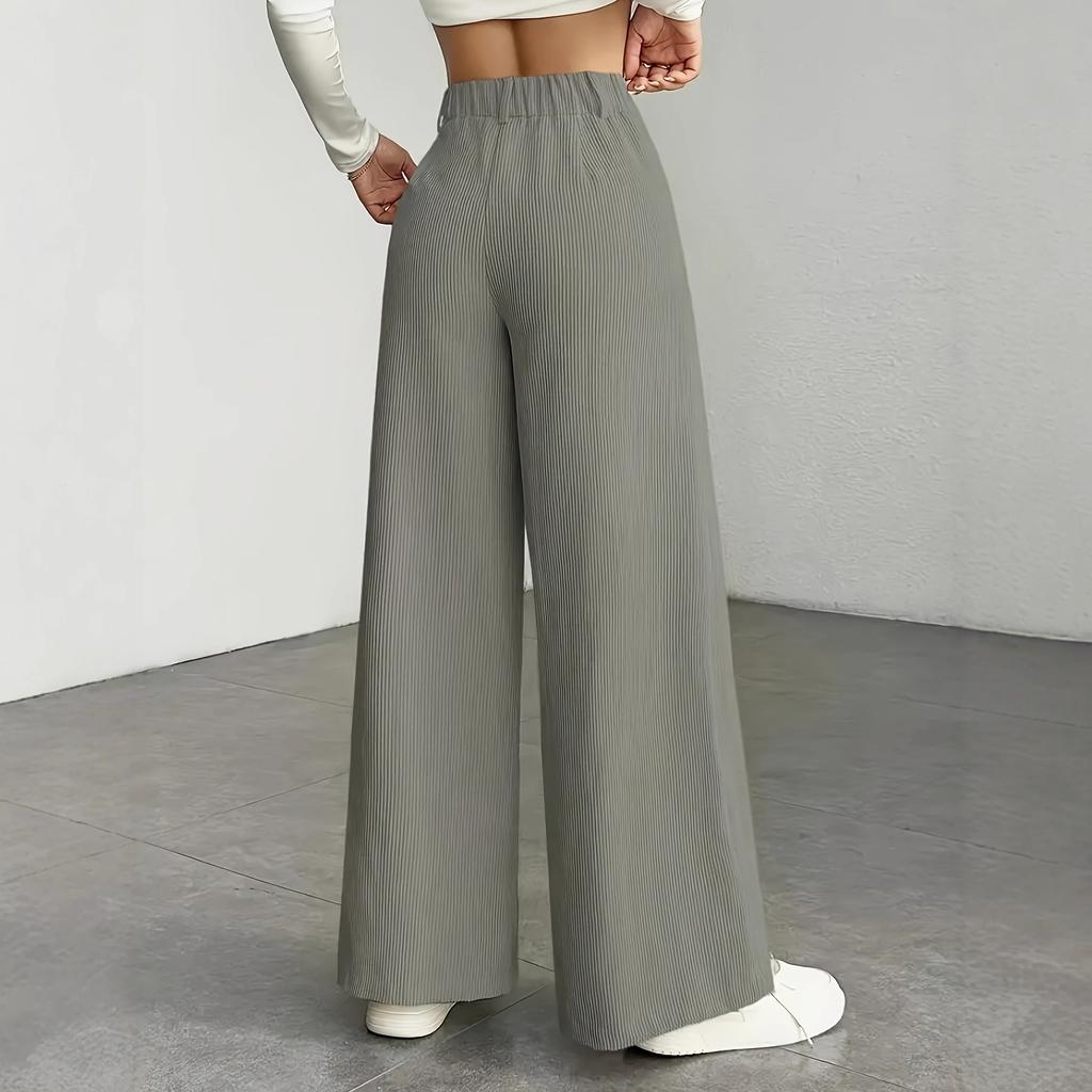 Women's High Waist Wide Leg Pants, Basic Casual Trouser with Button Detail, Solid Grey