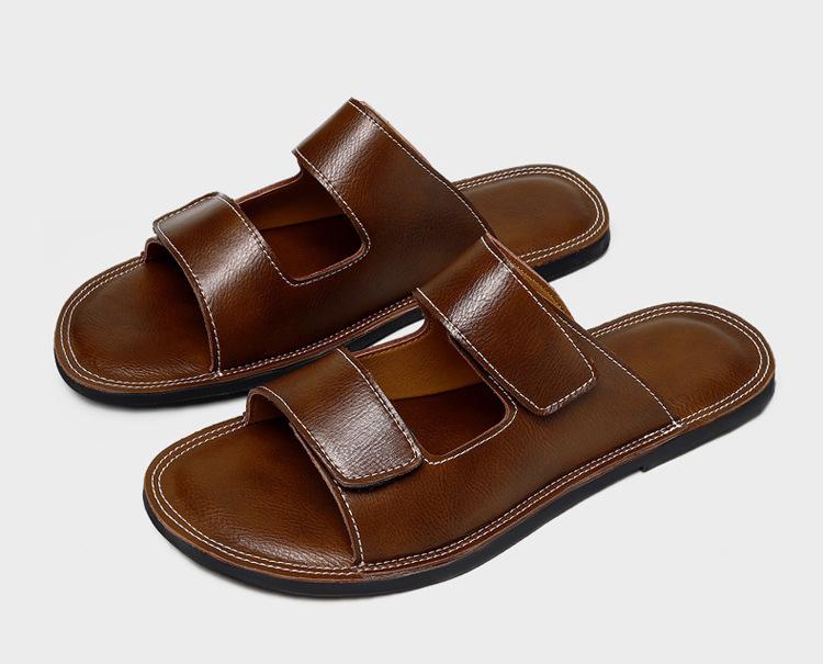 Men's Large Size High-End Leather Beach Sandals - Soft Sole Single Strap Summer Slippers (Sizes 46-47)