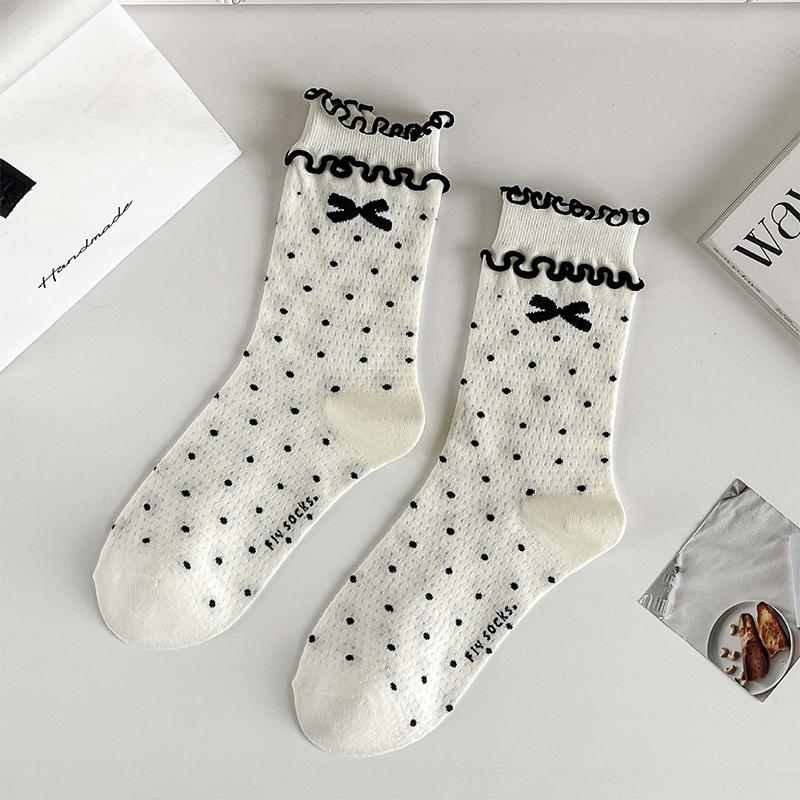 

Черные носки в горошек, летние тонкие дышащие длинные носки с вырезом в форме сердца, милые носки с оборками для девочек