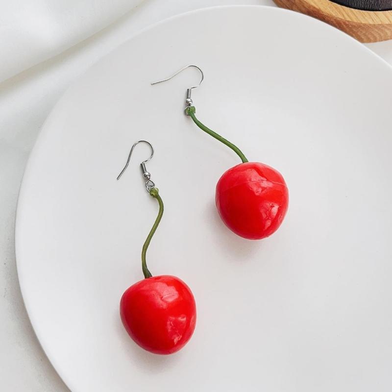 3D Red Cherry Fruit Drop Dangle Earrings Plastic Fruit Sweet Funny Ear Clips for Women Girls Tassels Aesthetic Jewelry