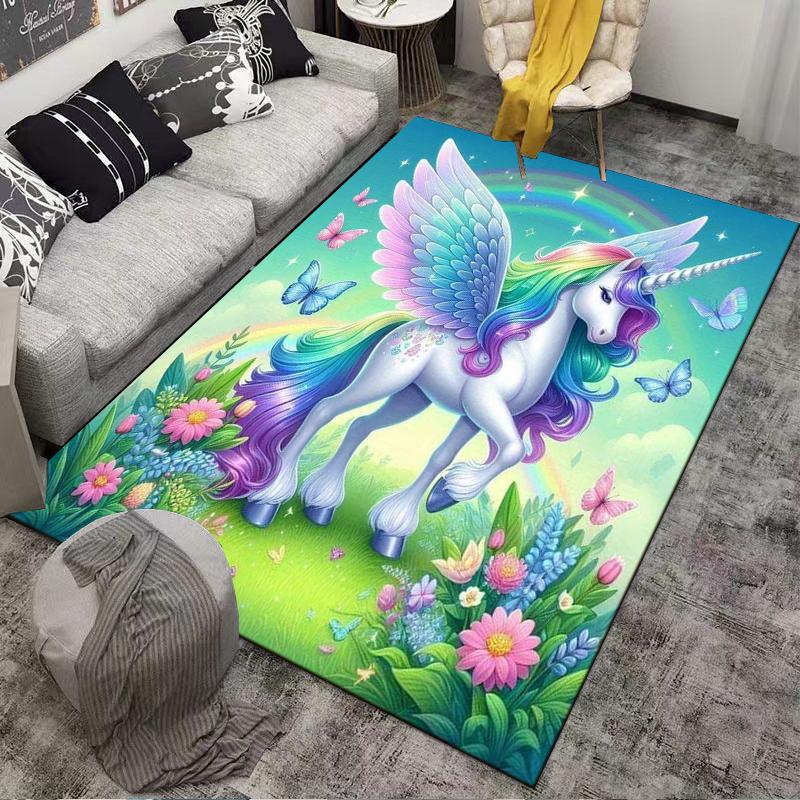 Unicorn Rainbow Wings Carpet with Butterflies and Floral Design Suitable for use as an anti-slip for living room bedroom sofas