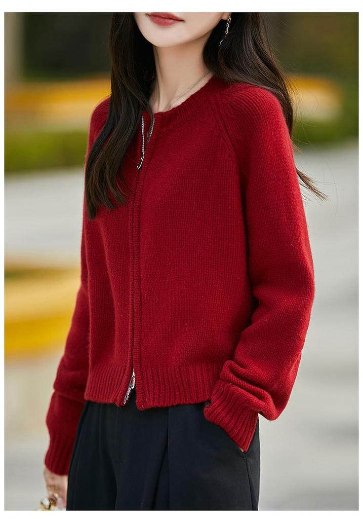 Women's Round Neck Double Zipper Wool Knit Cardigan - Autumn/Winter Fashionable Loose Design.
