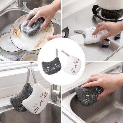 2Pieces Cats Theme Scouring Sponge Set Super Absorbent Scrubber Cleaning Tool For Home Kitchen Dishware Washing Use