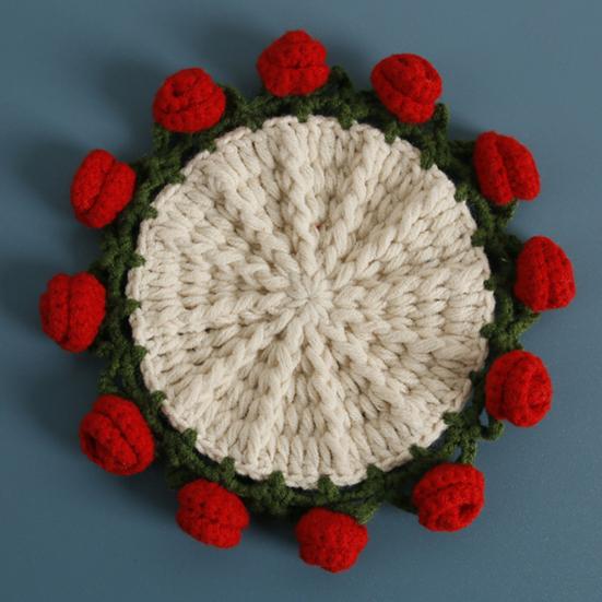 Crochet Flower Coasters Handmade Vintage Bouquet Knitted Rose Flower Decorative Coasters Anti-scald Table Mats Without Flower Pot