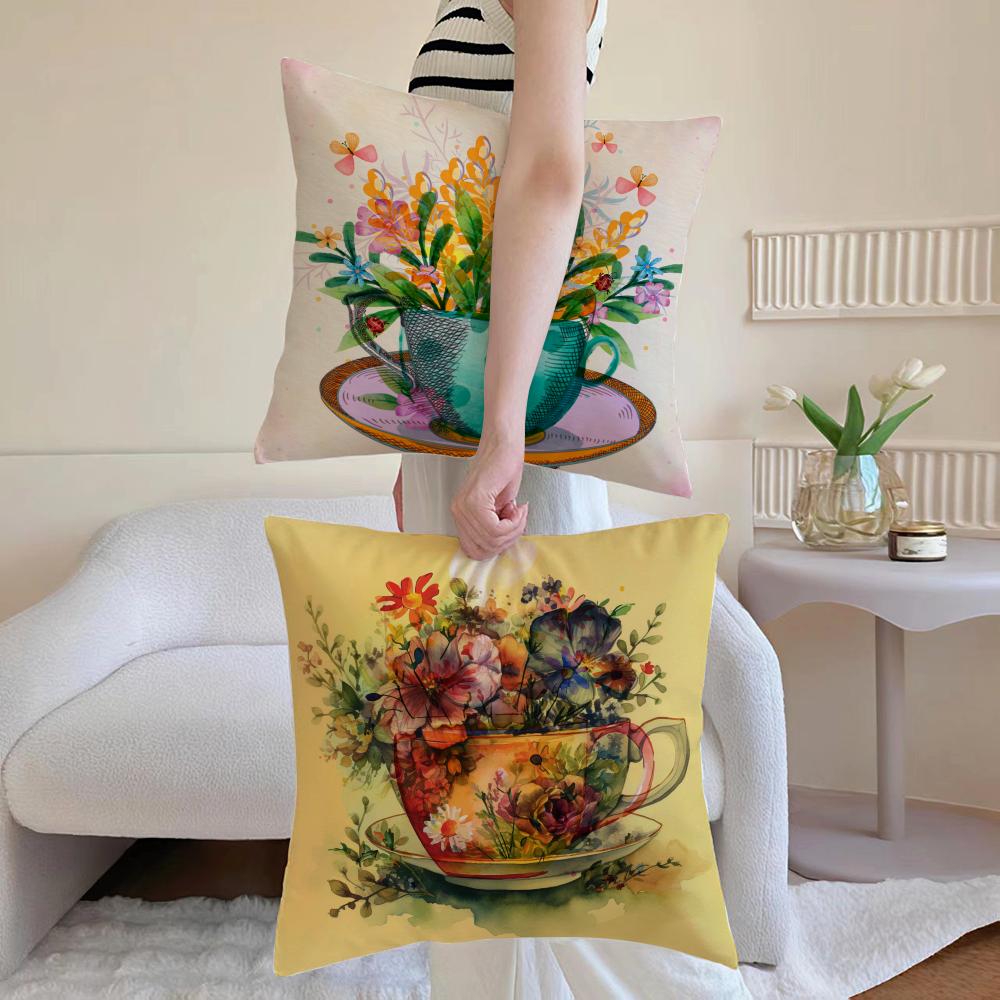 Painting Cup Of Flowers Pillow Case Antidustmite Pillowcase Invisible Zipper Silky Short Plush Sofa Cushion Cover