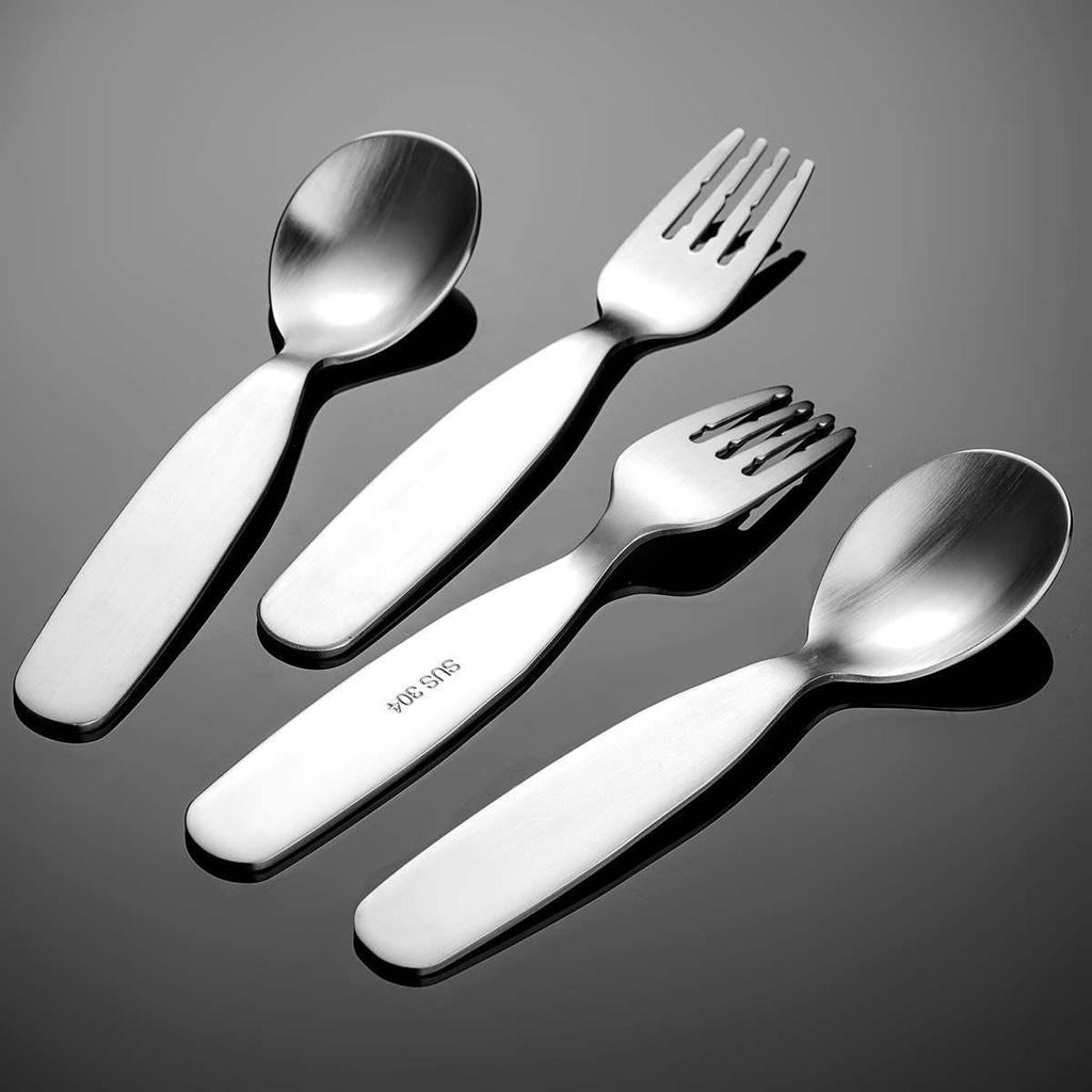 Premium 304 Stainless Steel Child's Dessert & Soup Spoon Set with Flat Bottom & Children's Fork