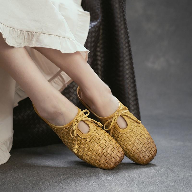 Johnature Pantofole da esterno intrecciate in vera pelle stile retrò, scarpe slip-on da donna leggere e versatili