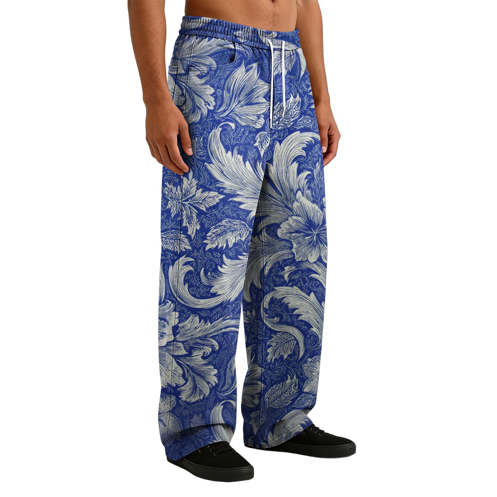 Men s Casual Stretch Waist Drawstring Straight-Leg Pants L синий