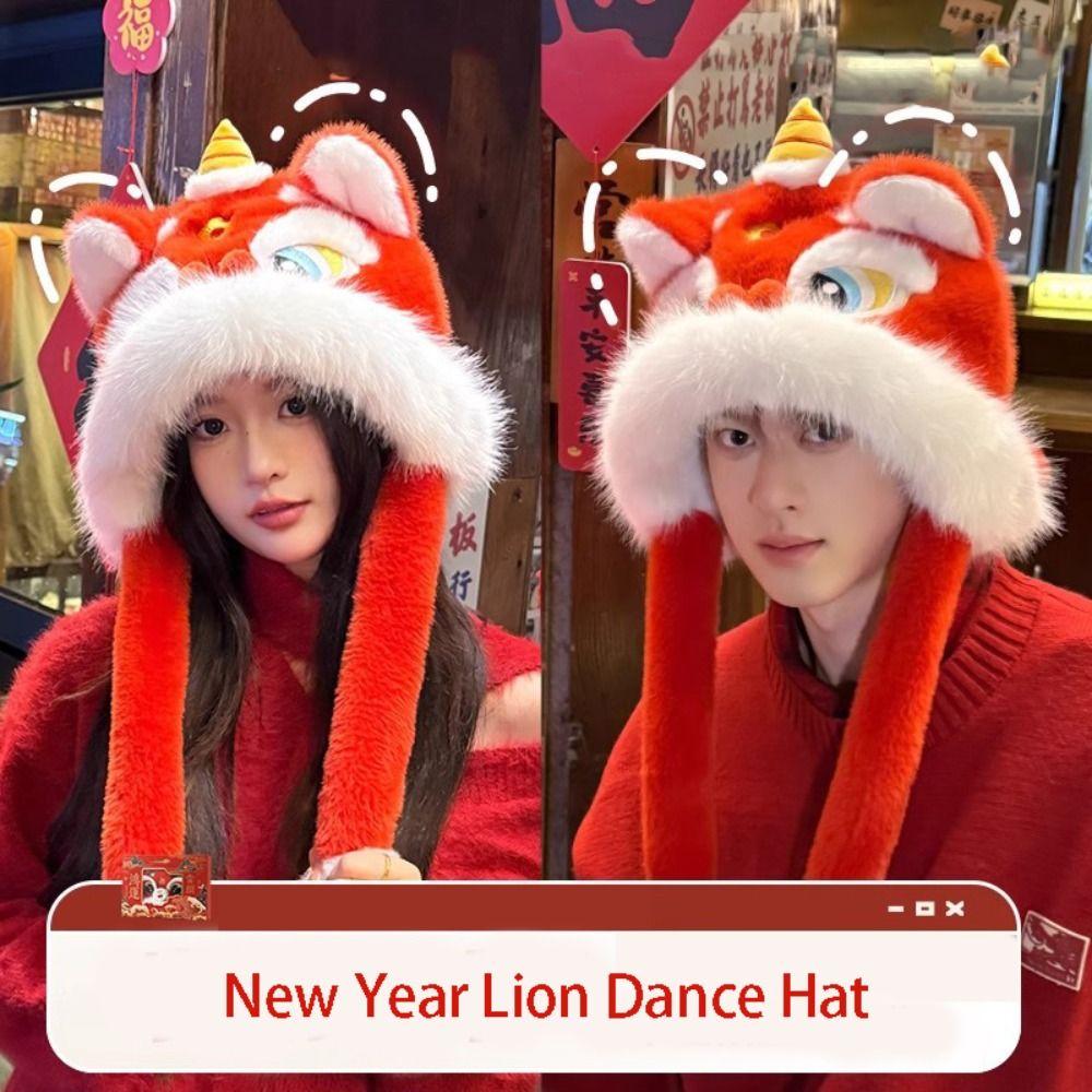 Ears Can Move Lion Dance Hat Ear Muffs Winter Warm Hat Kawaii Ear Protection Cap  Streetwear