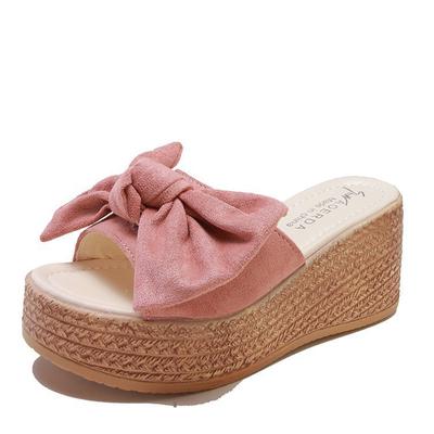 Women's Suede Slippers Thick Sole Bow Tie Sandals with Light-Weight Sponge Bottom and Button Closure Summer Sloping Heels