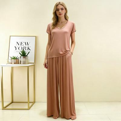 Plus Size M To 6XL U-Neck Short Sleeve Tshirt and Wide Leg Pants Women's Homewear 2pcs Set Summer Modal Pajamas Set Solid Color Casual Sleepwear Suits