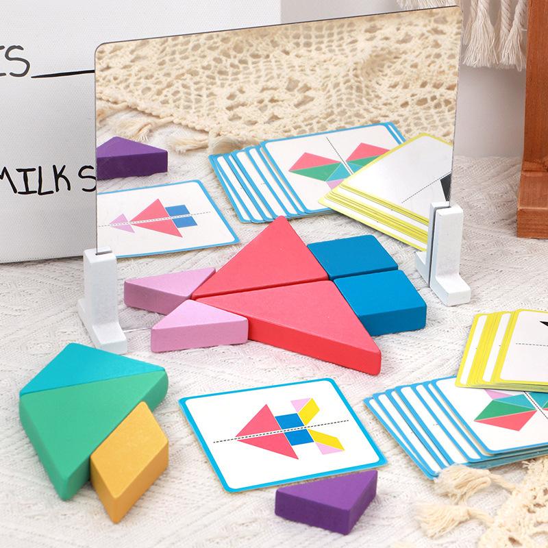 Children'S Tangram Building Block Mirror Puzzle Kindergarten Early Education Puzzle Geometric Shape Cognition Wooden Toy
