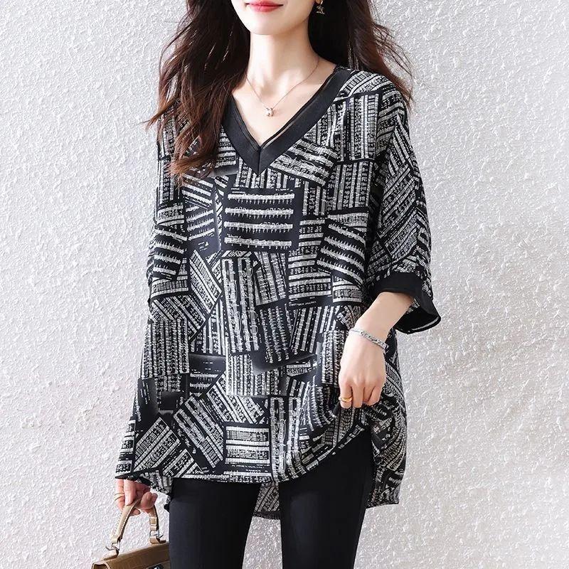 Fashionable Plus Size Chiffon Top Summer Floral Print Loose Fit Elegant T Shirt for Women Hide Tummy