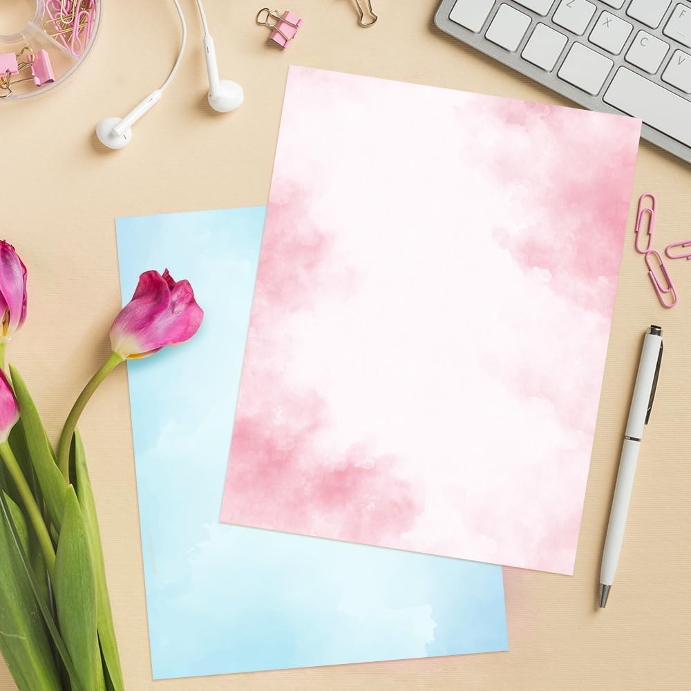 Stationary Paper and Envelopes Set 48 Pack of Watercolor Letter Writing Paper, Decorative Printer Stationery Sheets Set with Assorted Designs -