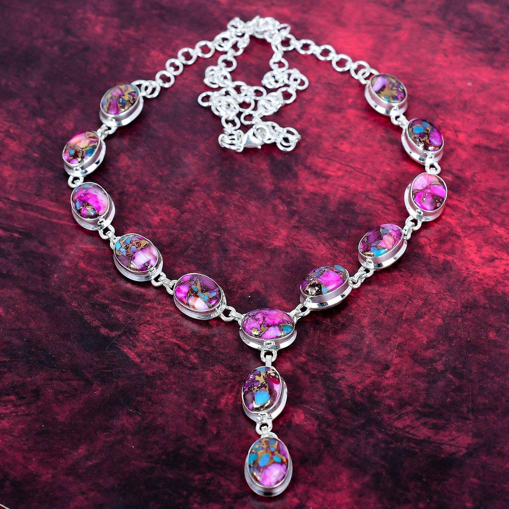 Pink Spiny Oyster Handmade Gemstone Necklace, 925 Solid Sterling Silver Necklace Antique Jewelry, For Thanksgiving