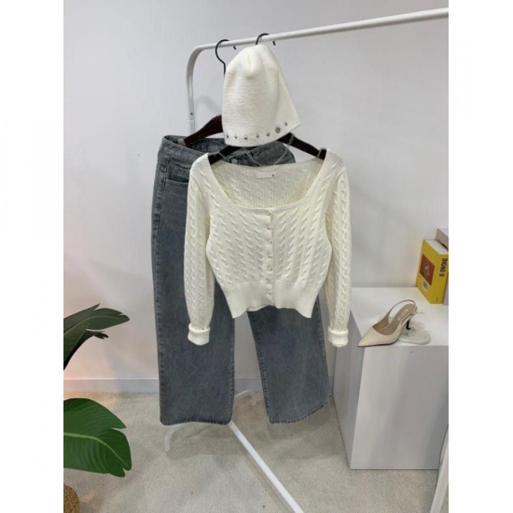 C S In The Room Solma Cable Square neCk Long Sleeve Knit Cardigan 6 Color