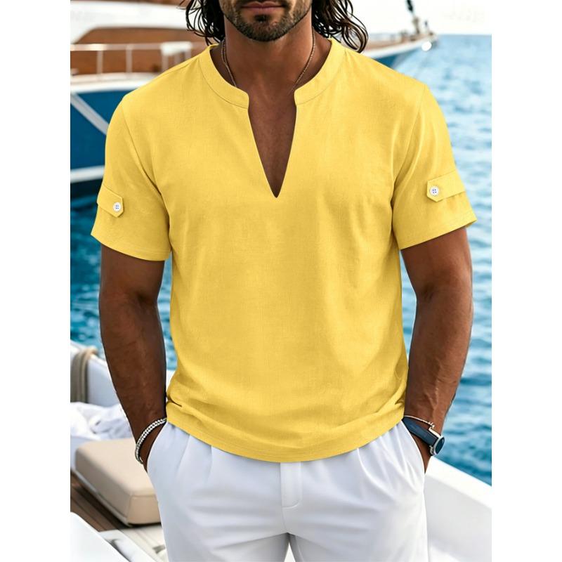 Men Stand Collar Deep V Neck Short Sleeve Linen Blend Casual T Shirt