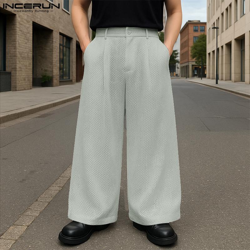 INCERUN Men Zip-up Waist Hollow See Through Casual Long Pants Trousers