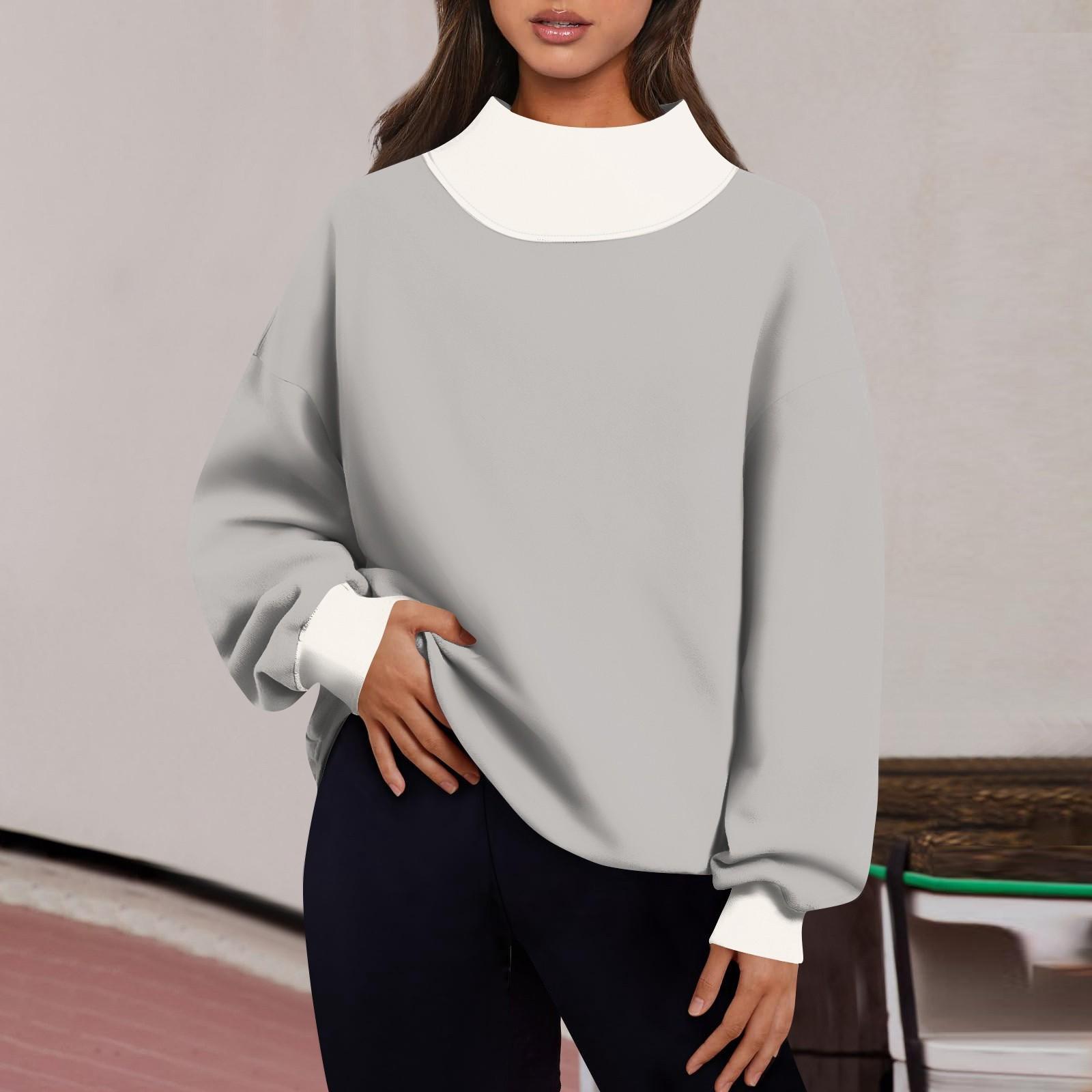 

Женская мода с длинным рукавом и цветными блоками, свободная водолазка с разрезом и половиной водолазки, топ XXXL