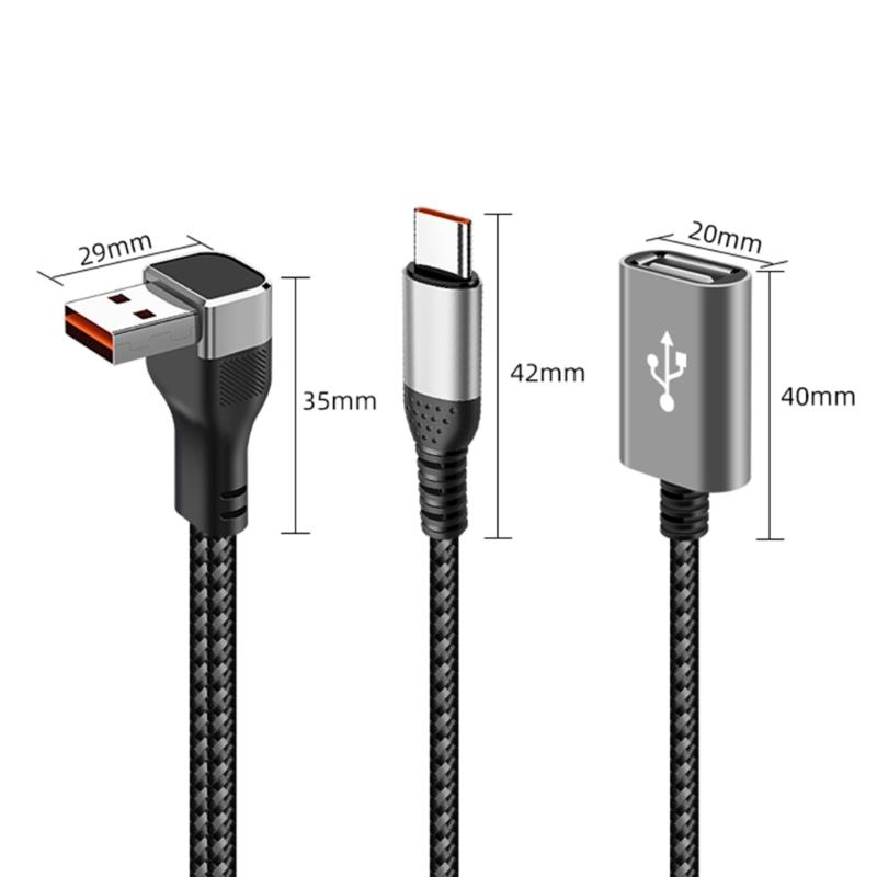 Nylon Braided USB Extension Cord USB to Type c USB Splitter 66W Power Delivery 90Degree Bend Design for Compactly Space