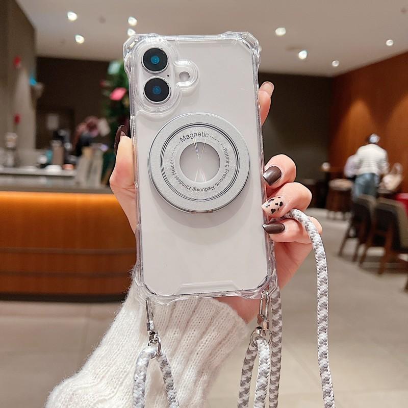 

360 Rotation Magnetic Metal Ring Stand Case For iPhone 16 15 14 13 11 12 Pro Max XS X Plus Crossbody Lanyard Strap Clear Cover For iPhone 16 Pro Max