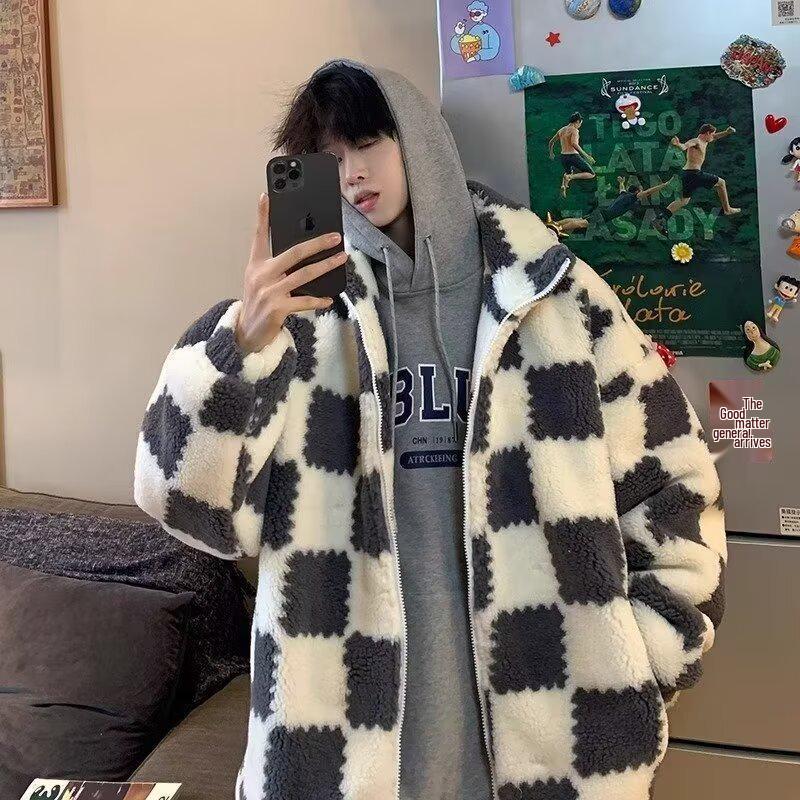 2025 Men's Korean Style Checkered Lambswool Coat for Autumn/Winter: Loose, Versatile, High-End Warmth