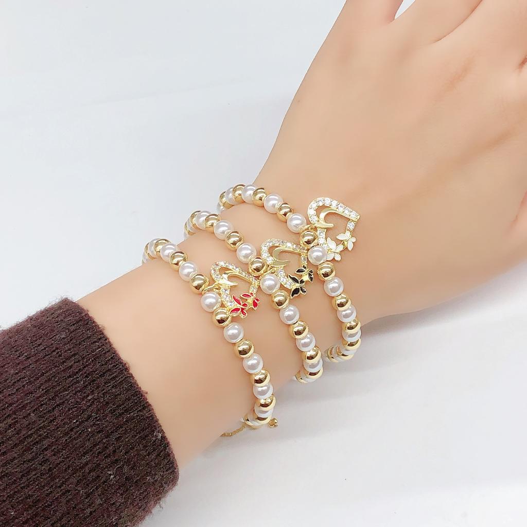 Classic Pearl Chain Heart-Shaped Bowknot Zirconia Pendant Bracelet High-Quality Women Girls Daily Party Jewelry Birthday Gift